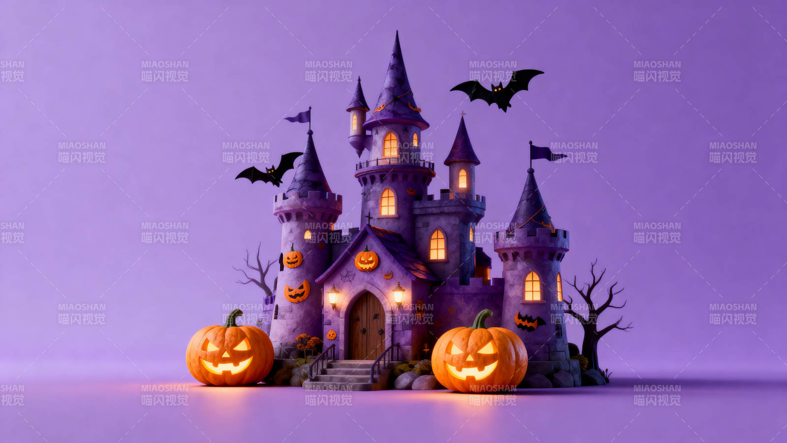 万圣节紫色古堡与南瓜灯图片