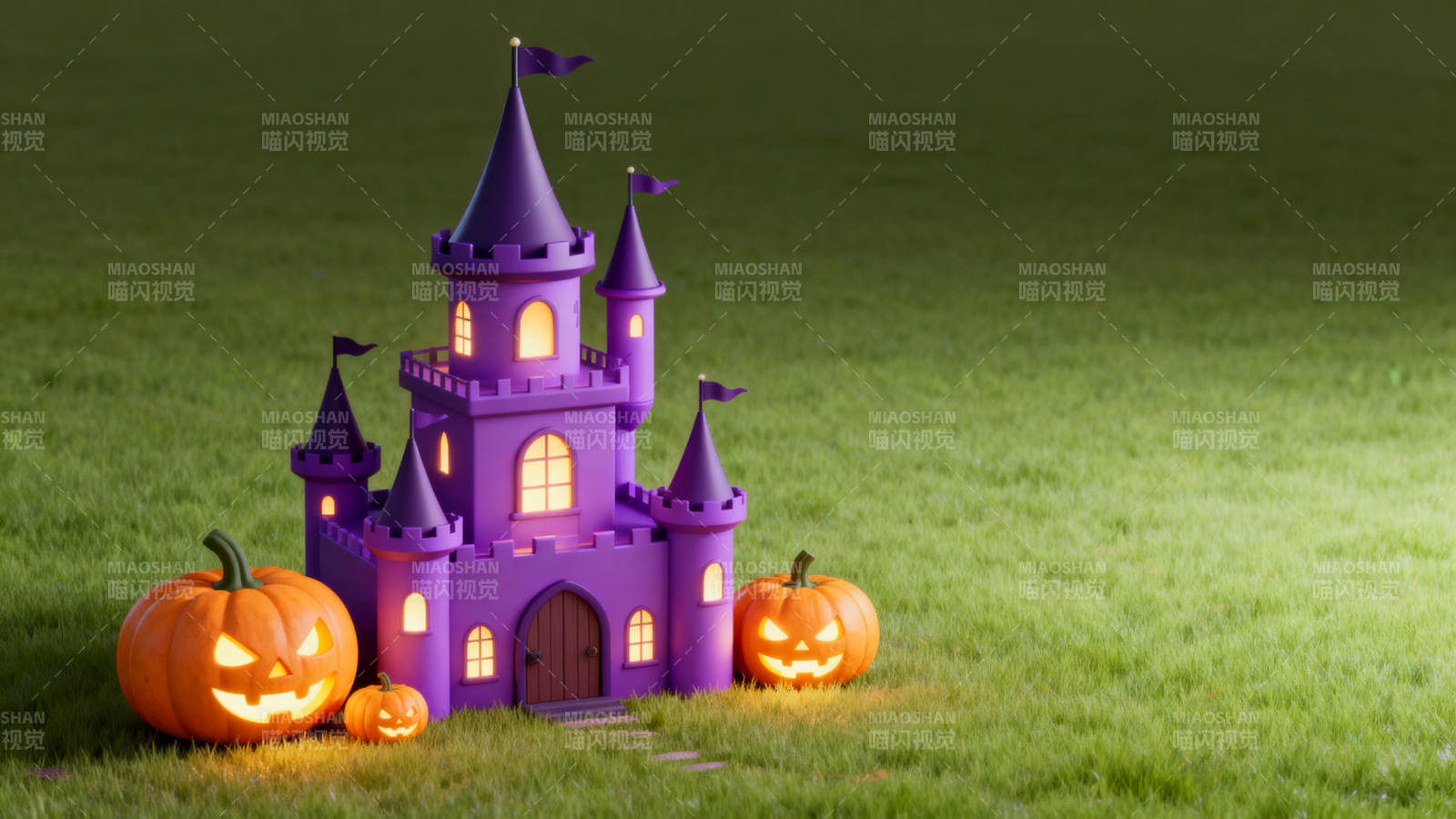 紫色城堡与南瓜灯的 Halloween图片