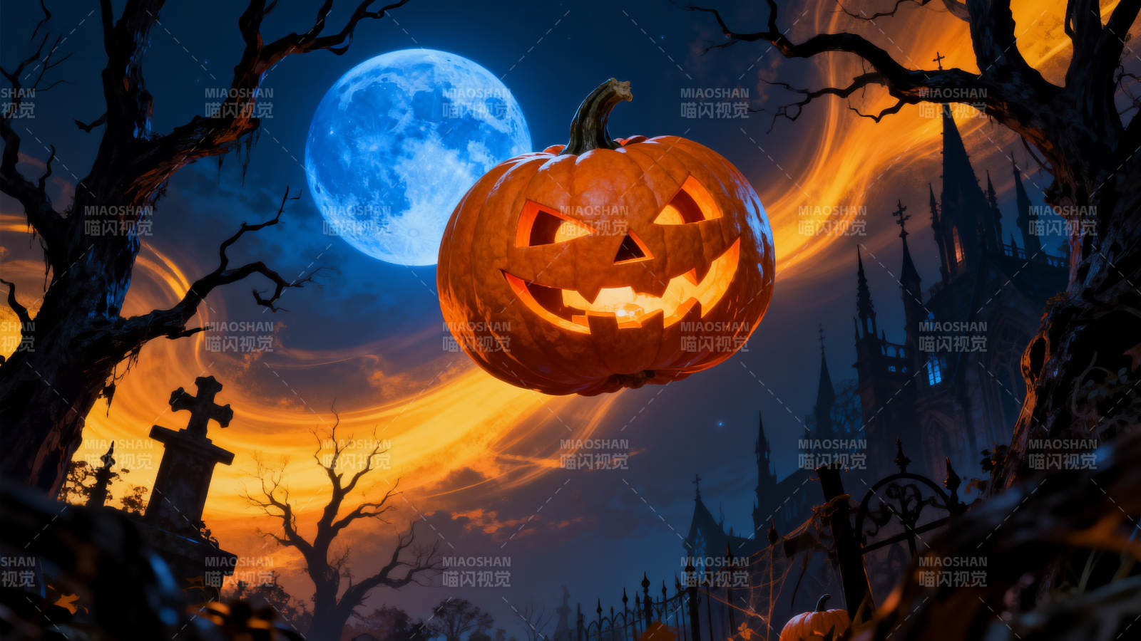 万圣节南瓜灯与蓝月图片