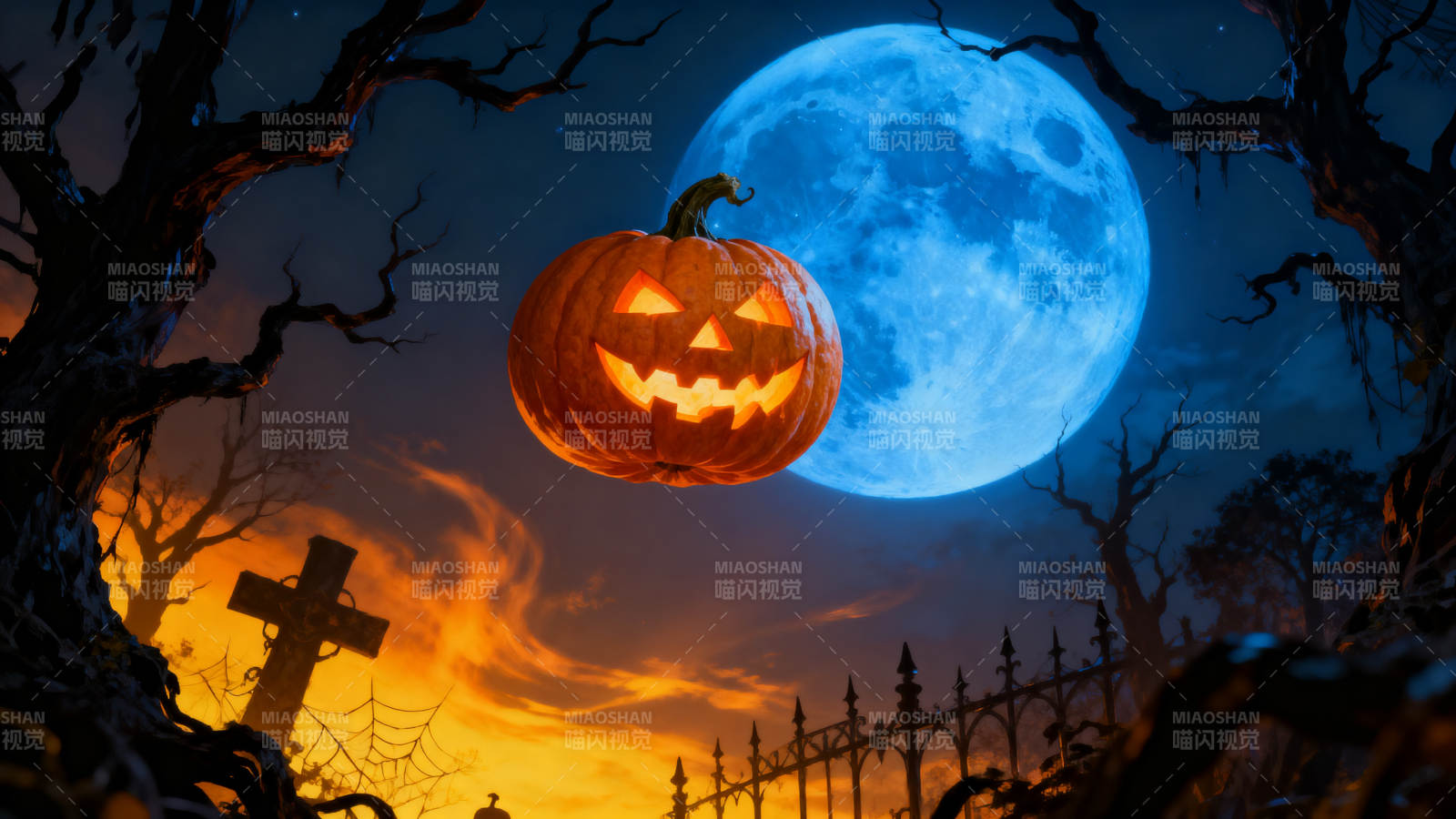 万圣节南瓜灯与蓝月图片