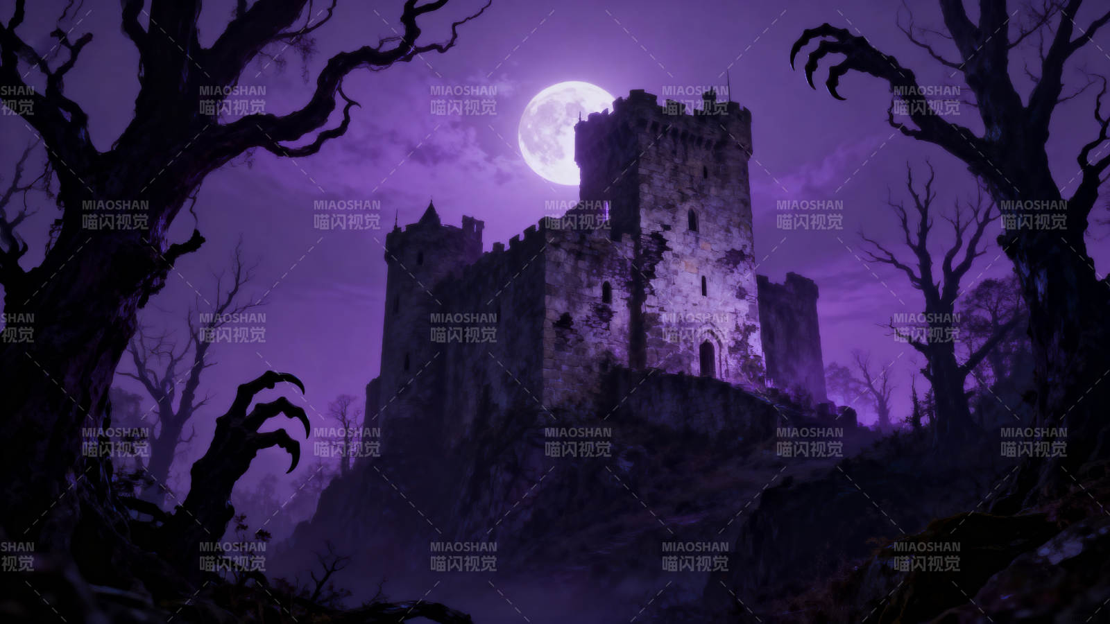 紫色月夜古堡图片