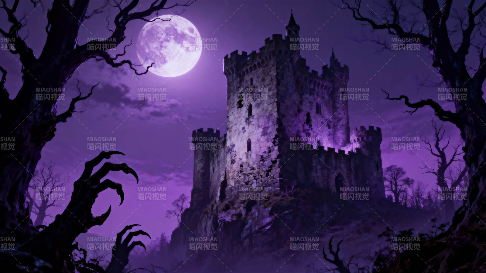 紫色月夜古堡图片