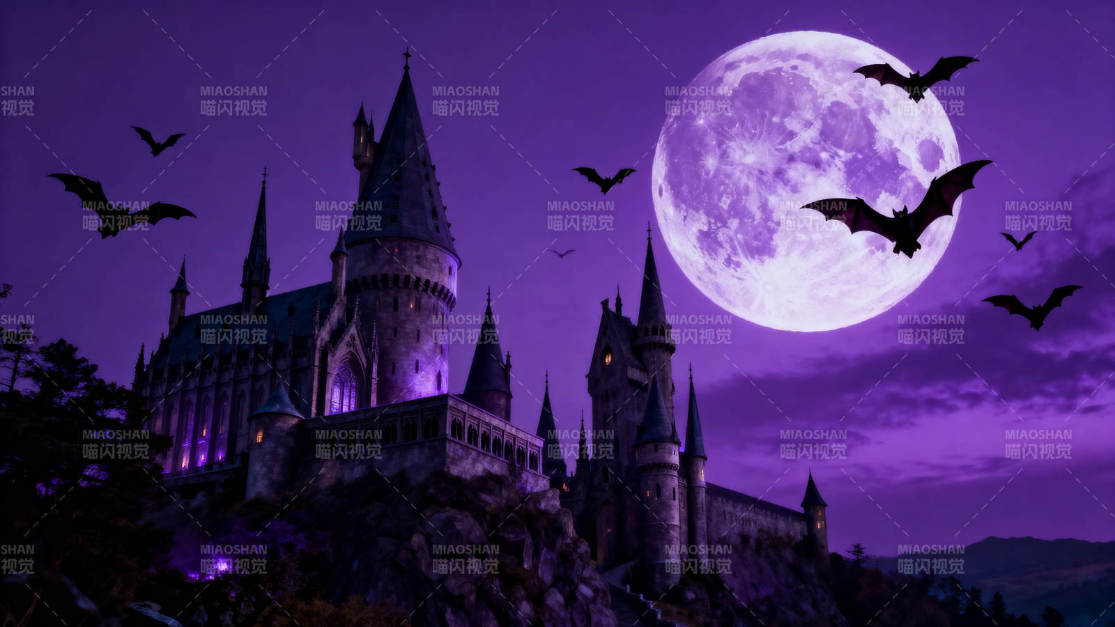 紫色月夜古堡与蝙蝠图片