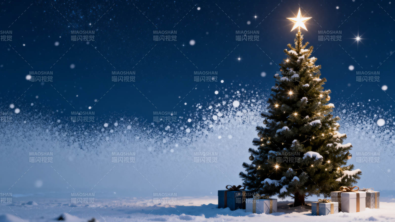 雪夜圣诞树礼物装饰图片