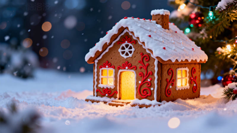 雪中姜饼屋的温暖灯光图片