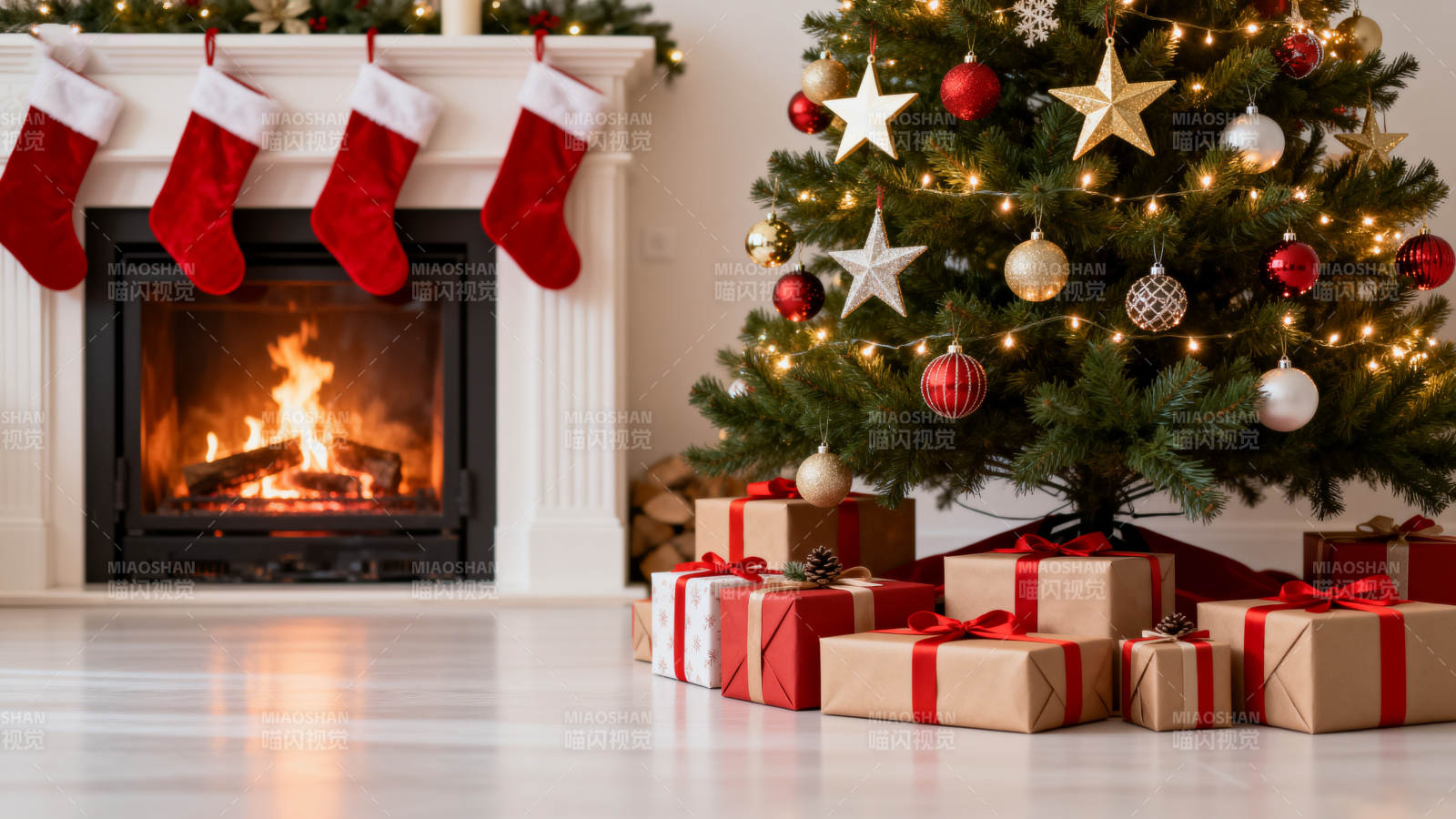 圣诞树与礼物的节日氛围图片