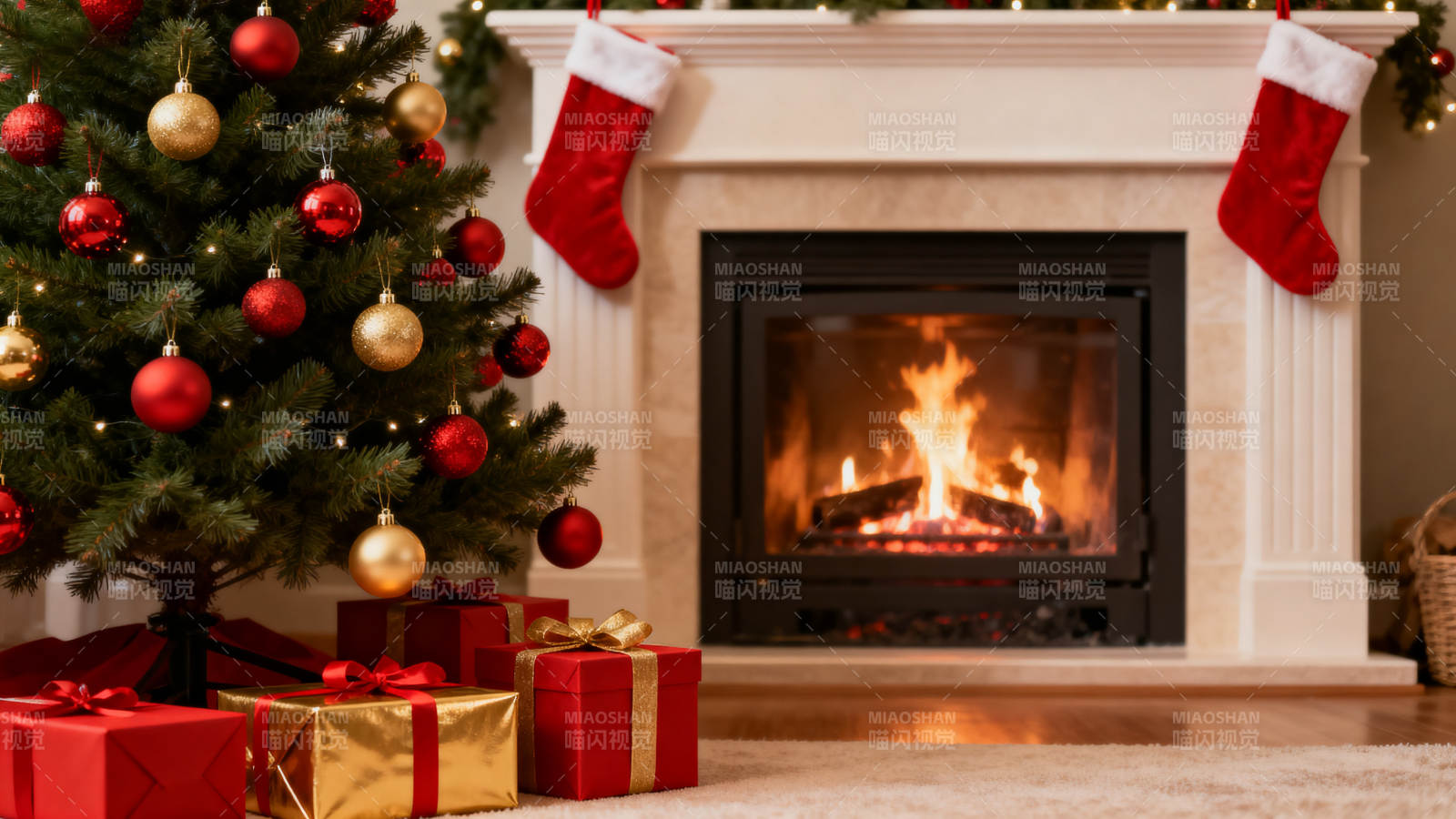 圣诞节温馨壁炉与圣诞树图片