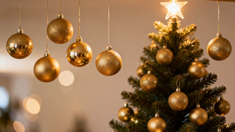 金色圣诞球装饰圣诞树图片