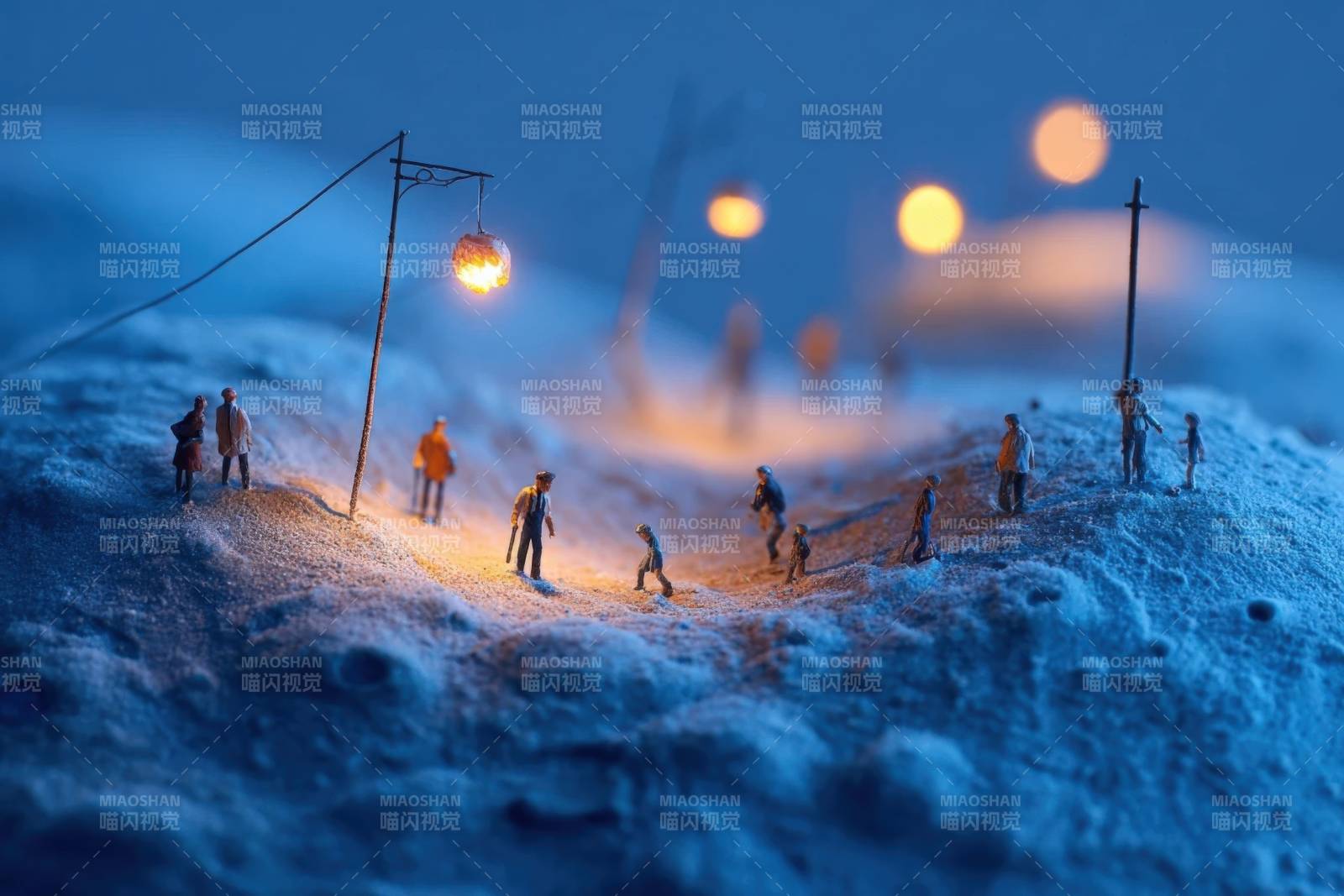 雪地夜灯微缩场景图片