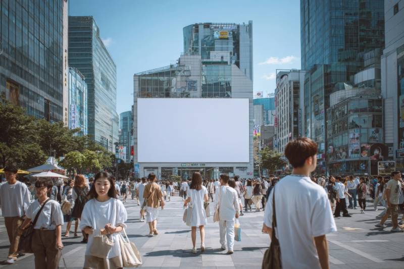城市广场人群与大屏幕图片