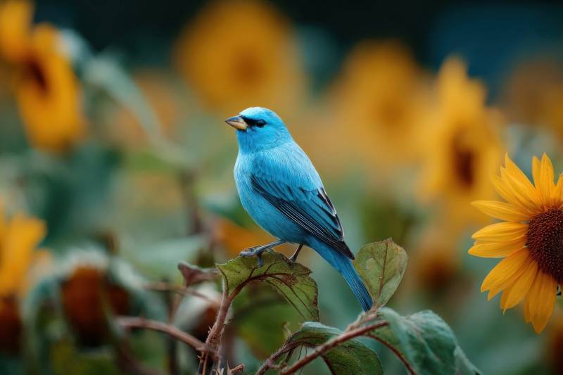 蓝色小鸟停在向日葵花丛中图片
