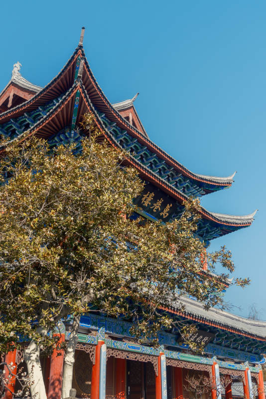 云南丽江木府万卷楼古建筑秋景图片