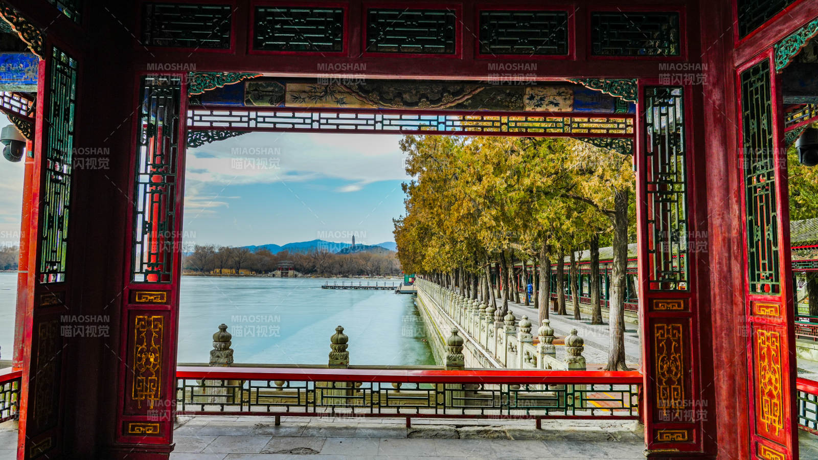 颐和园秋湖长廊美景图片