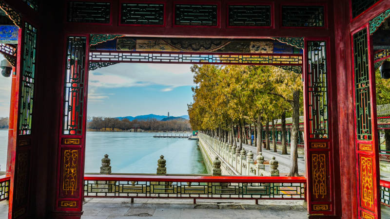 颐和园秋湖长廊美景图片