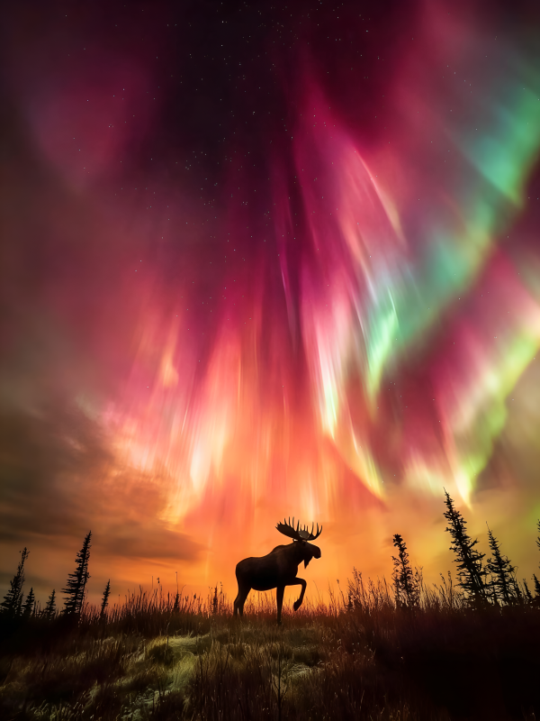 极光下的驯鹿剪影图片