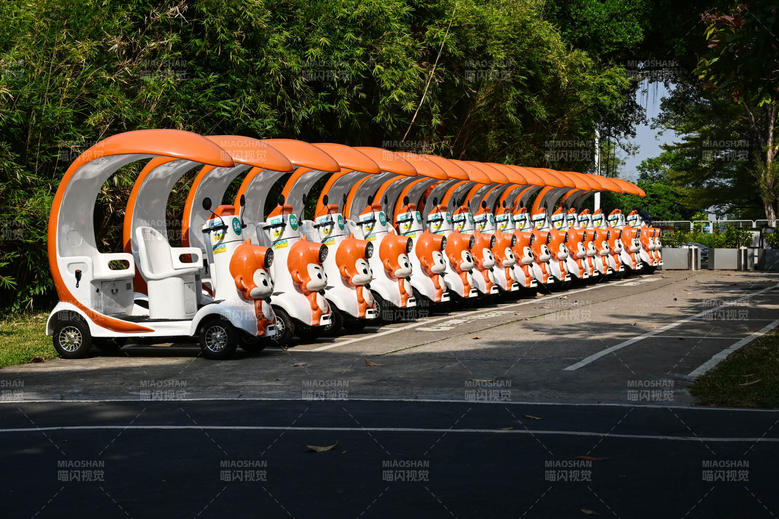 阳光下景区整齐排列的卡通造型观光游览车图片