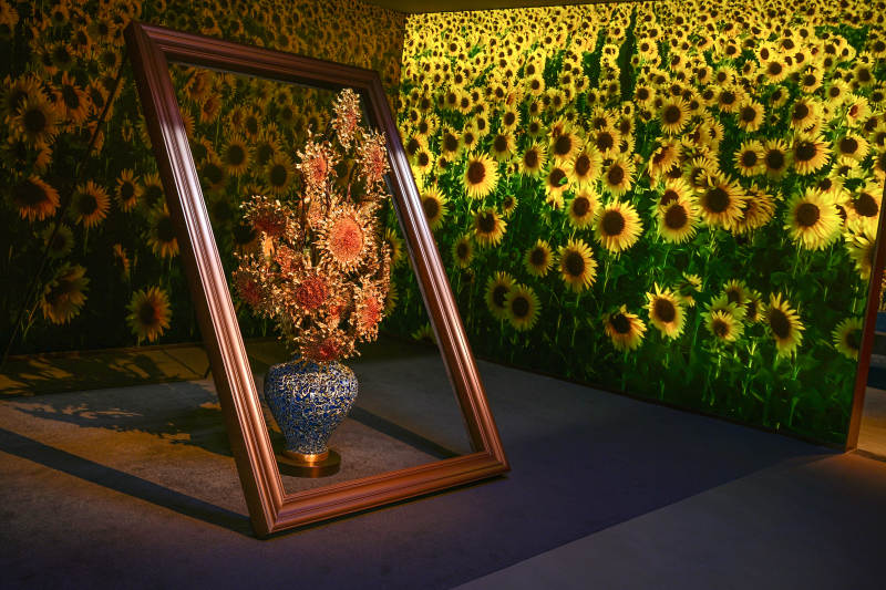 向日葵花海中的画框与花瓶艺术装置景观图片