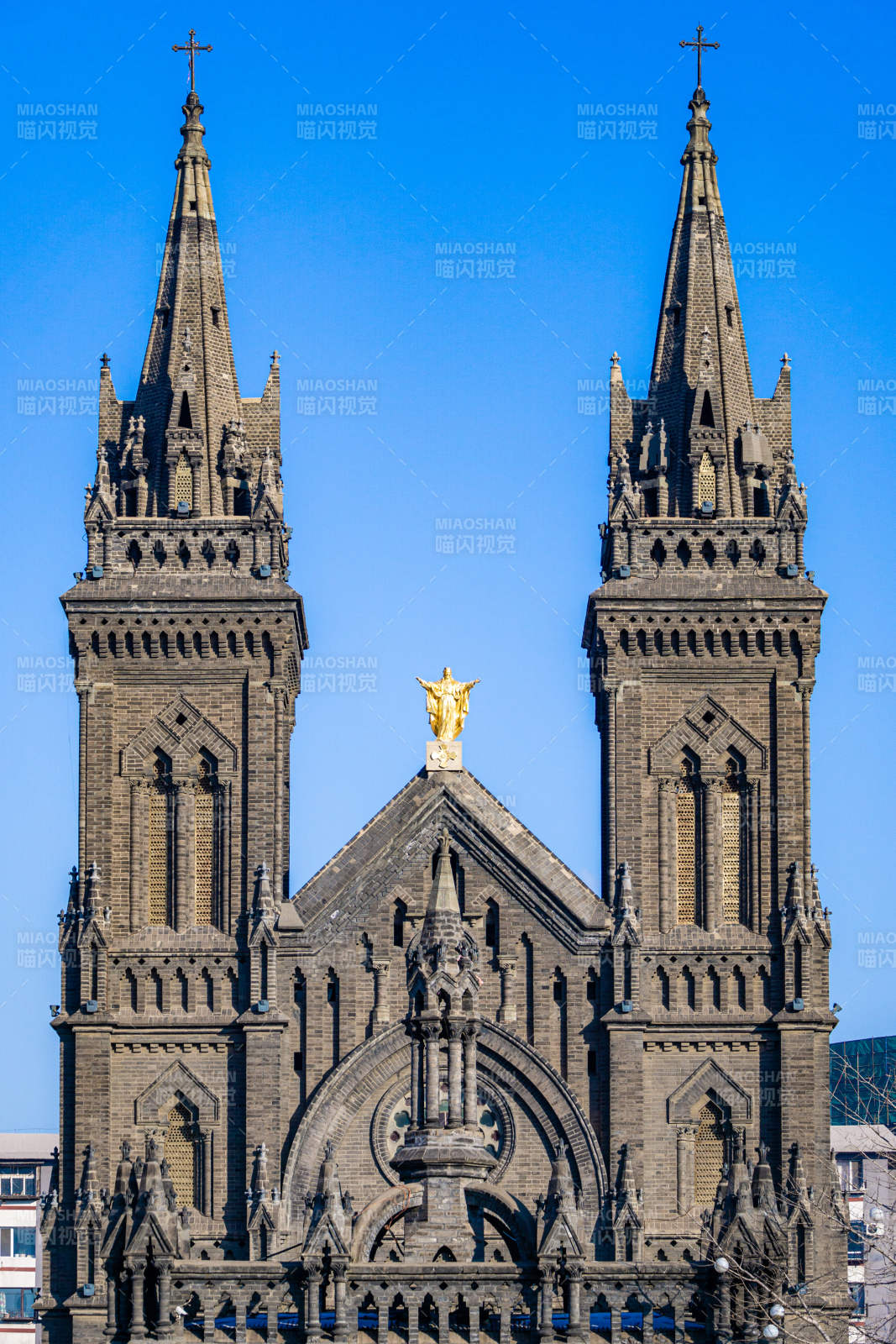 沈阳天主双塔教堂仰望蓝天图片