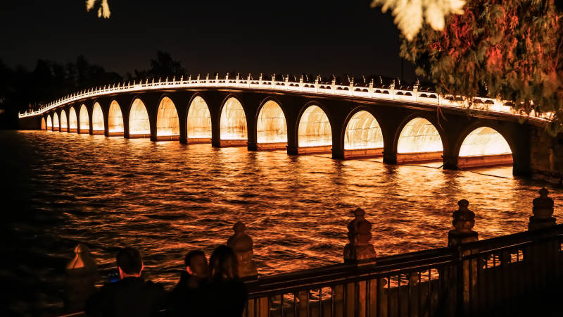 颐和园夜桥映水 光影如画图片