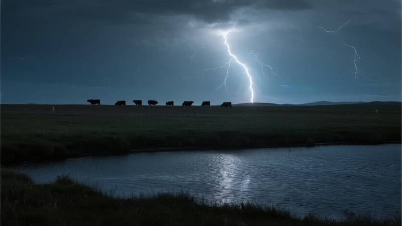 雷电下的草原夜景图片