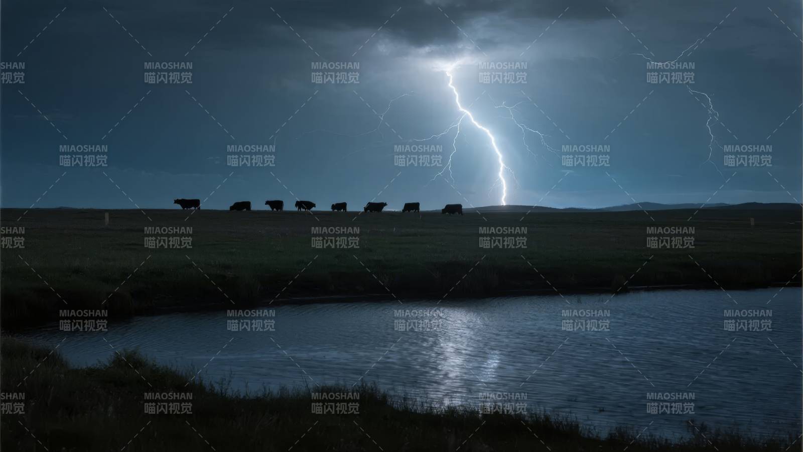 雷电下的草原夜景图片