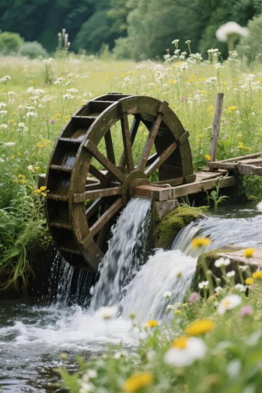 水车潺潺花间流图片