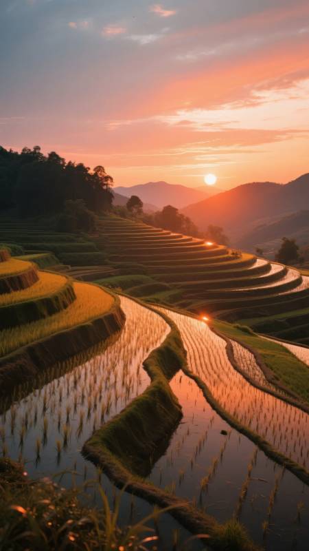 梯田日落美景图片