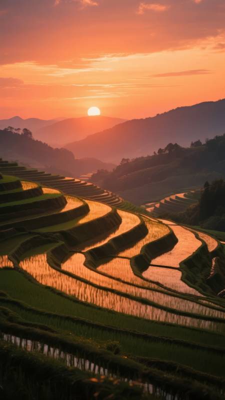 梯田日落图片