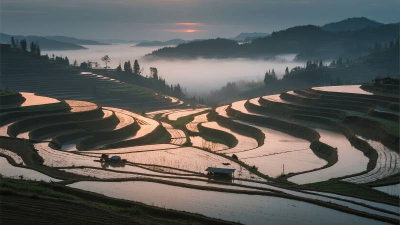 梯田晨雾图片