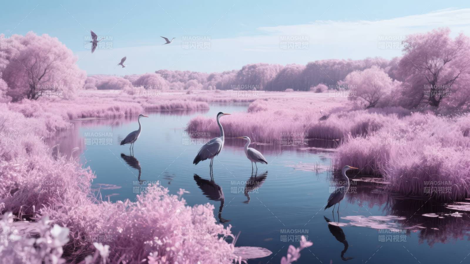 粉红湿地鹤影图片