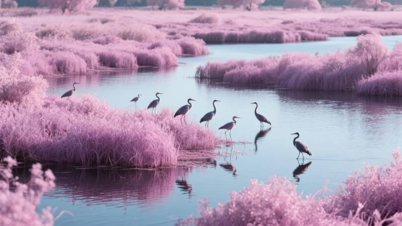 粉雾湿地鹤影图片