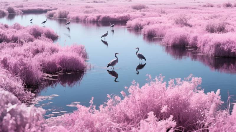 粉红湿地鹤影图片