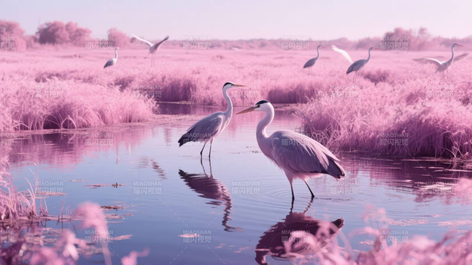 粉红湿地鹤影图片