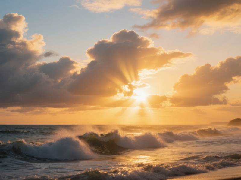 夕阳海浪云影图片
