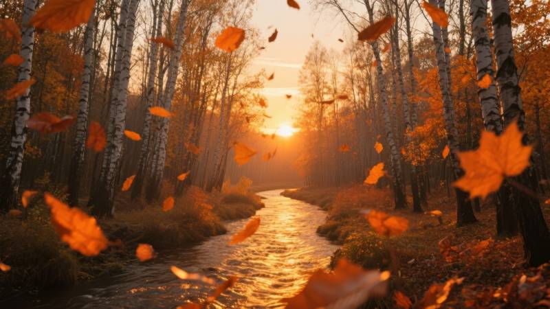 秋林溪畔夕阳美图片