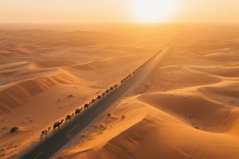 沙漠驼队夕阳行图片