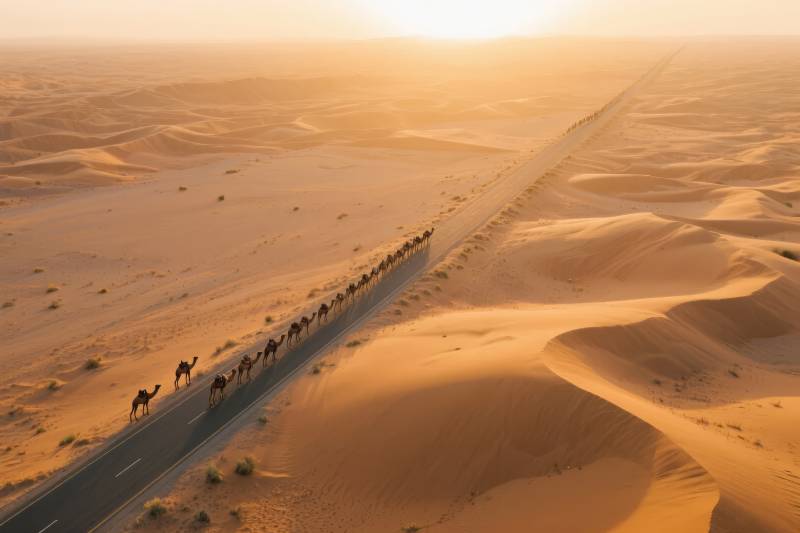 沙漠驼队行进中图片