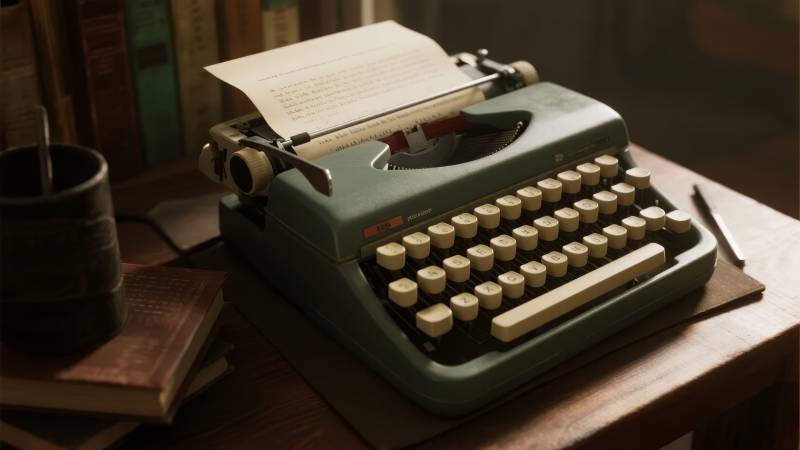 旧式打字机静置书桌图片