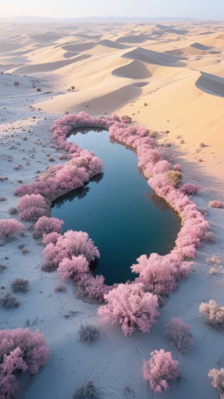沙漠粉花映碧水图片