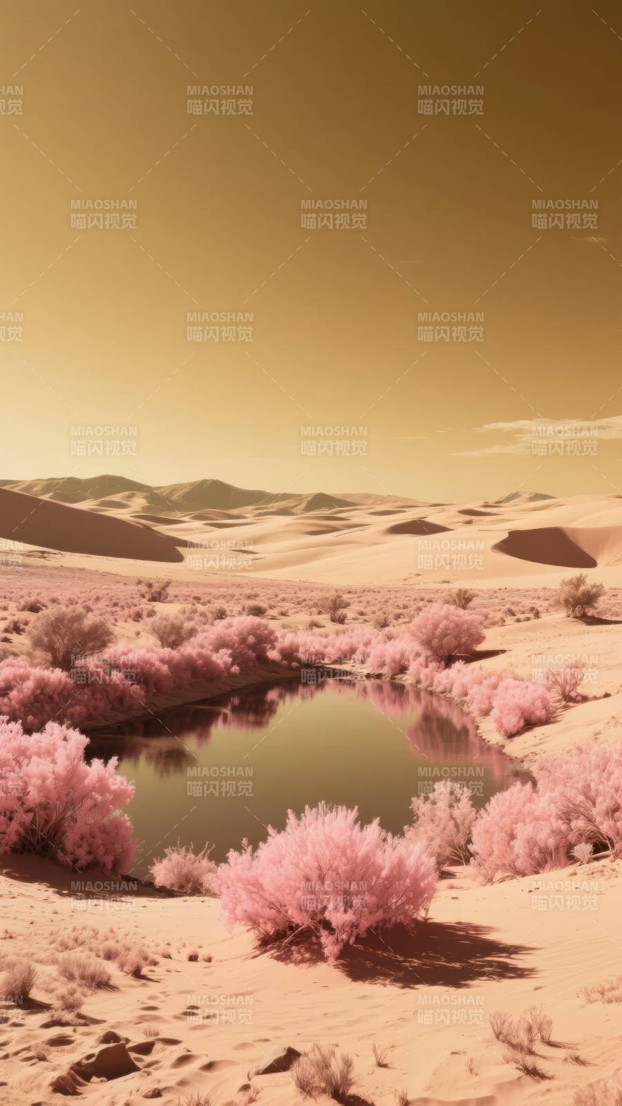 沙漠粉花映水镜图片