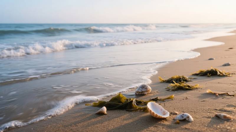 沙滩上的贝壳与海藻图片