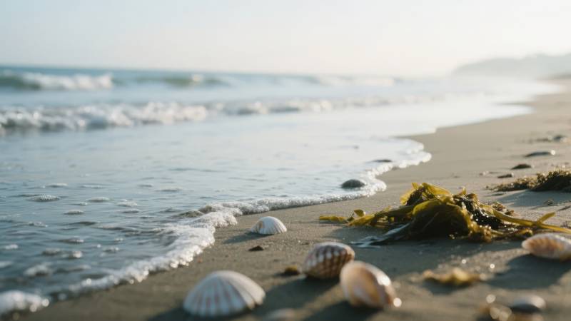 海滩贝壳与海浪图片