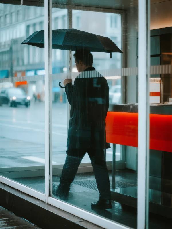 雨中行人撑伞而行图片