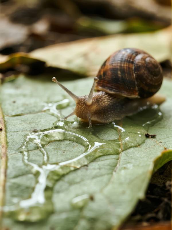 蜗牛爬行于叶上图片