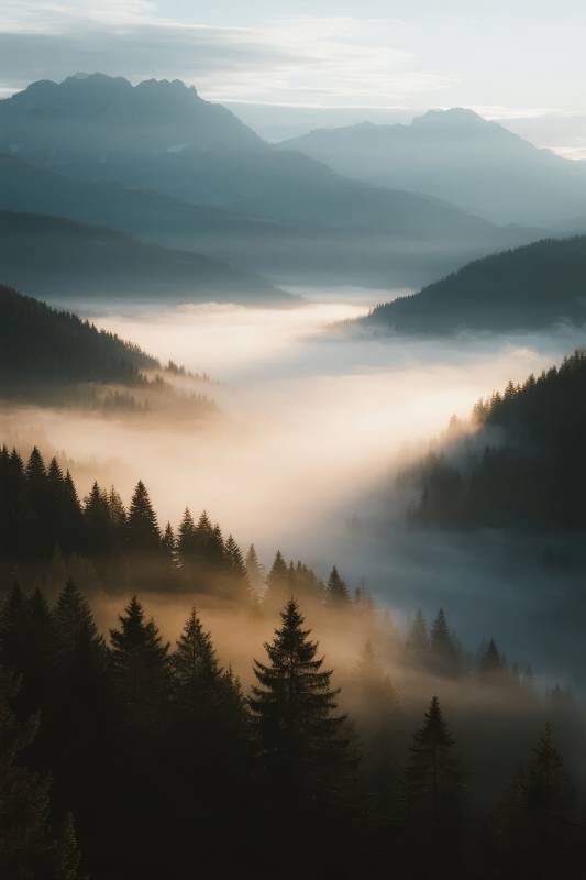 雾锁山林晨曦图片