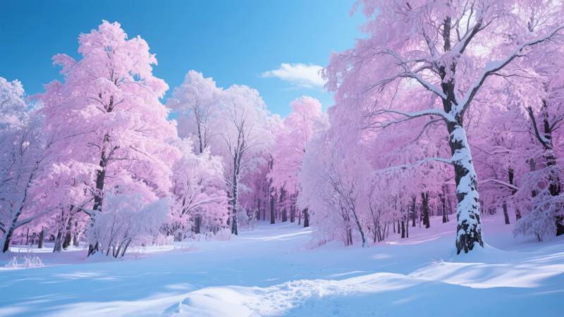 粉雪森林奇景图片