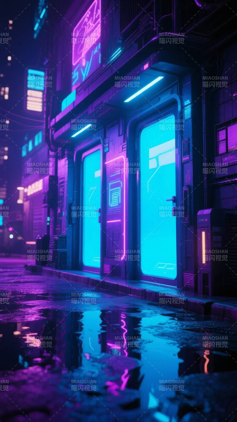 霓虹雨夜都市街景图片