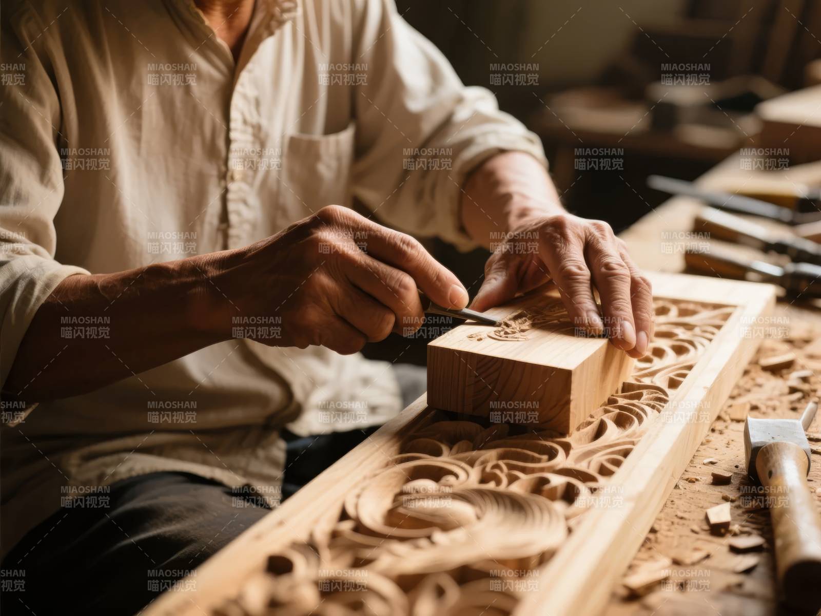 木雕匠人专注雕刻图片