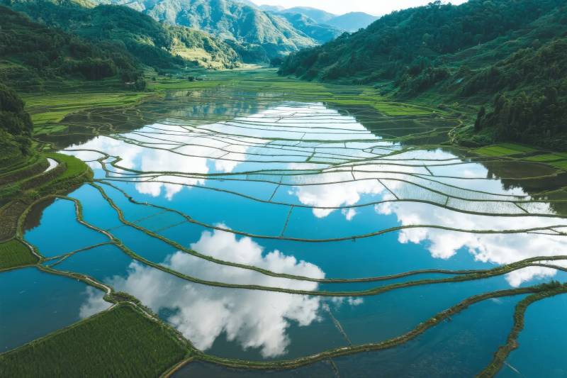 梯田倒映蓝天白云图片