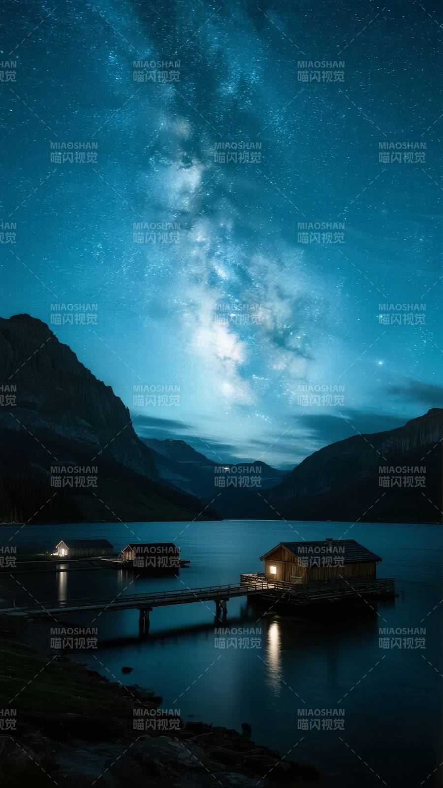 星河下的湖畔小屋图片